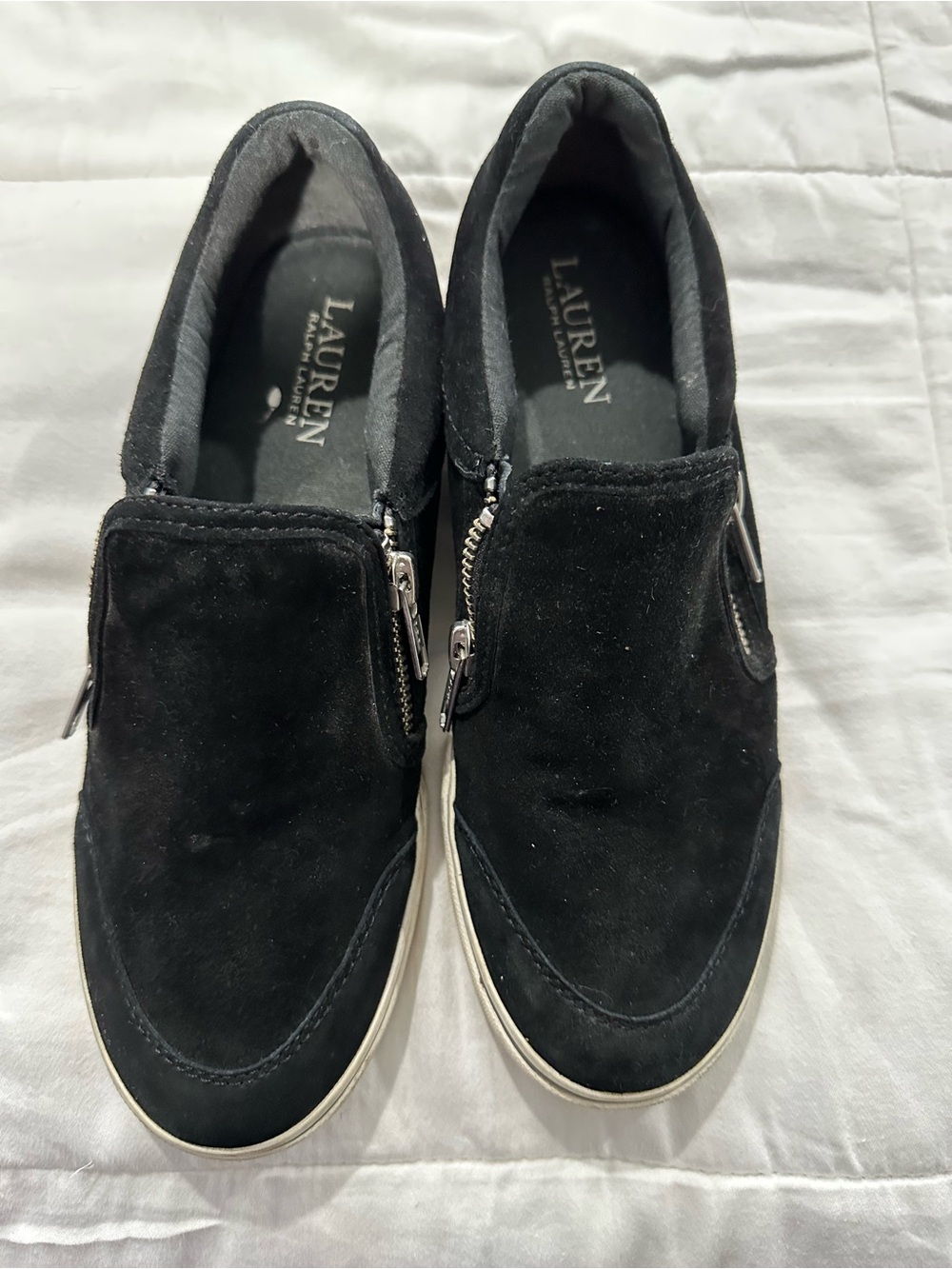 Lauren Ralph Lauren Black Suede Slip-On Loafers with Silver Zippers
